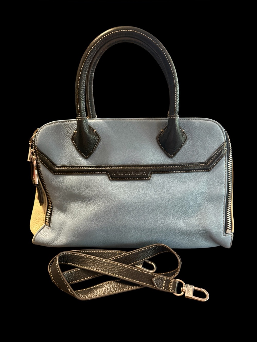 Aimee Kestenberg 2 tone blue ivory pebbled leather shoulder bag satchel